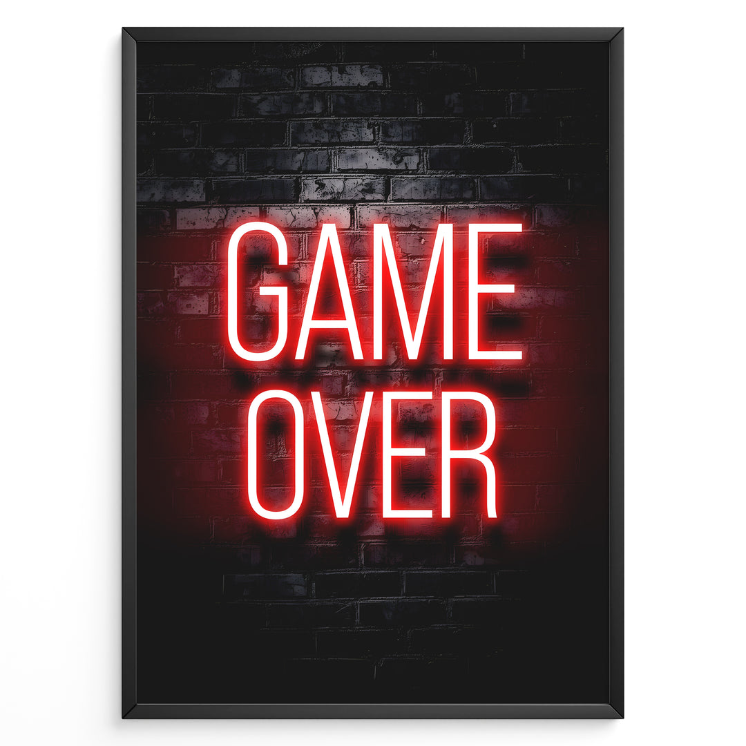 Game Over gaming plakat | Rød neontekst på mørk væg – ikonisk gamerdesign fra Plakaty.dk til ægte fans af gaming plakater