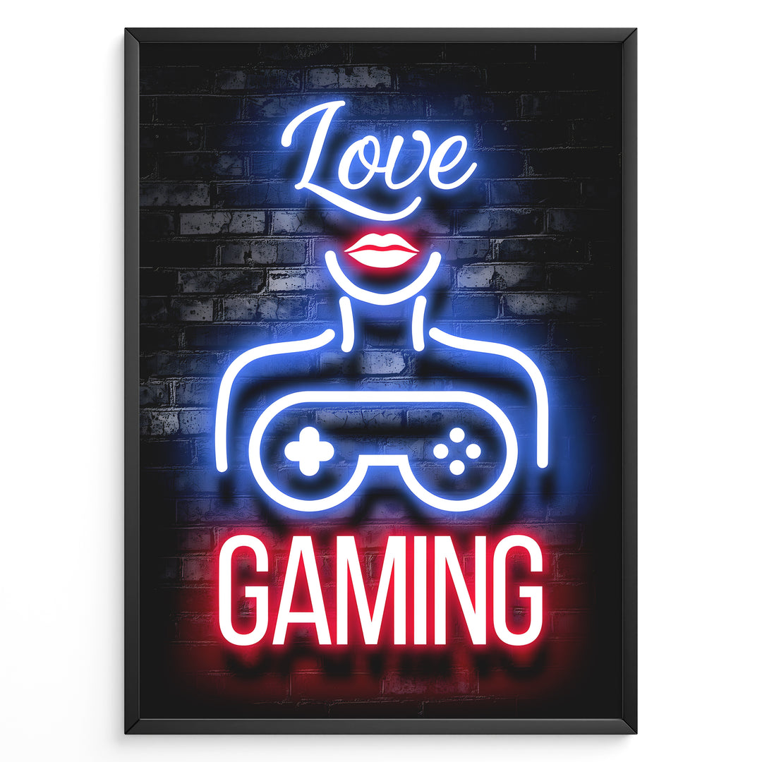 Love Gaming gaming plakat | Neon plakat med feminin gamer vibe og controller-motiv – en unik gaming plakat fra Plakaty.dk