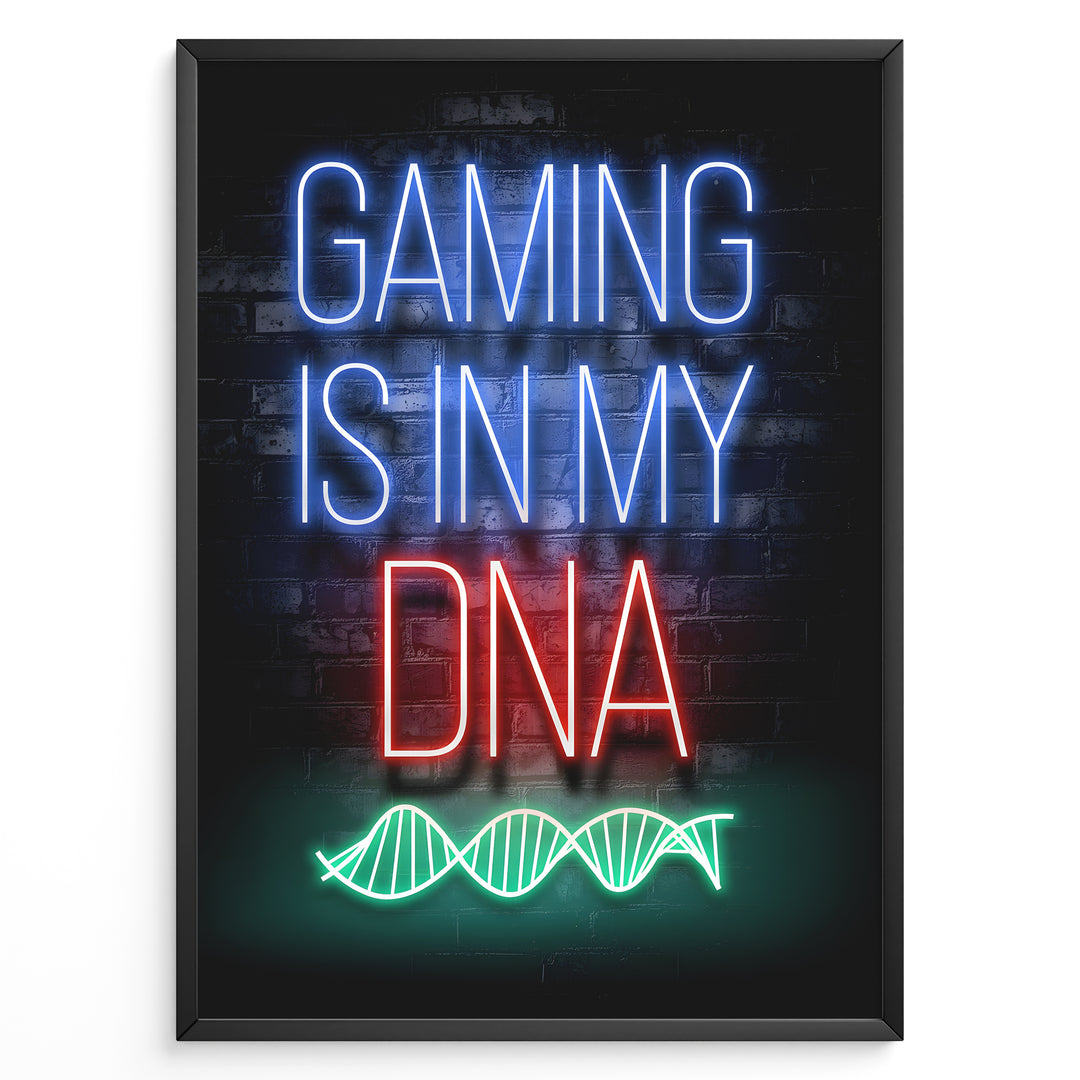 Gaming Is in My DNA gaming plakat | Neon tekst og grøn DNA-streng – unik gaming plakat fra Plakaty.dk til ægte spilentusiaster