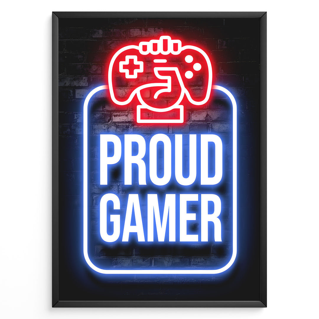 Proud Gamer gaming plakat | Blå og rød neon med controller og knyttet hånd – stolt gaming plakat fra Plakaty.dk