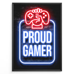 Load image into Gallery viewer, Proud Gamer gaming plakat | Blå og rød neon med controller og knyttet hånd – stolt gaming plakat fra Plakaty.dk
