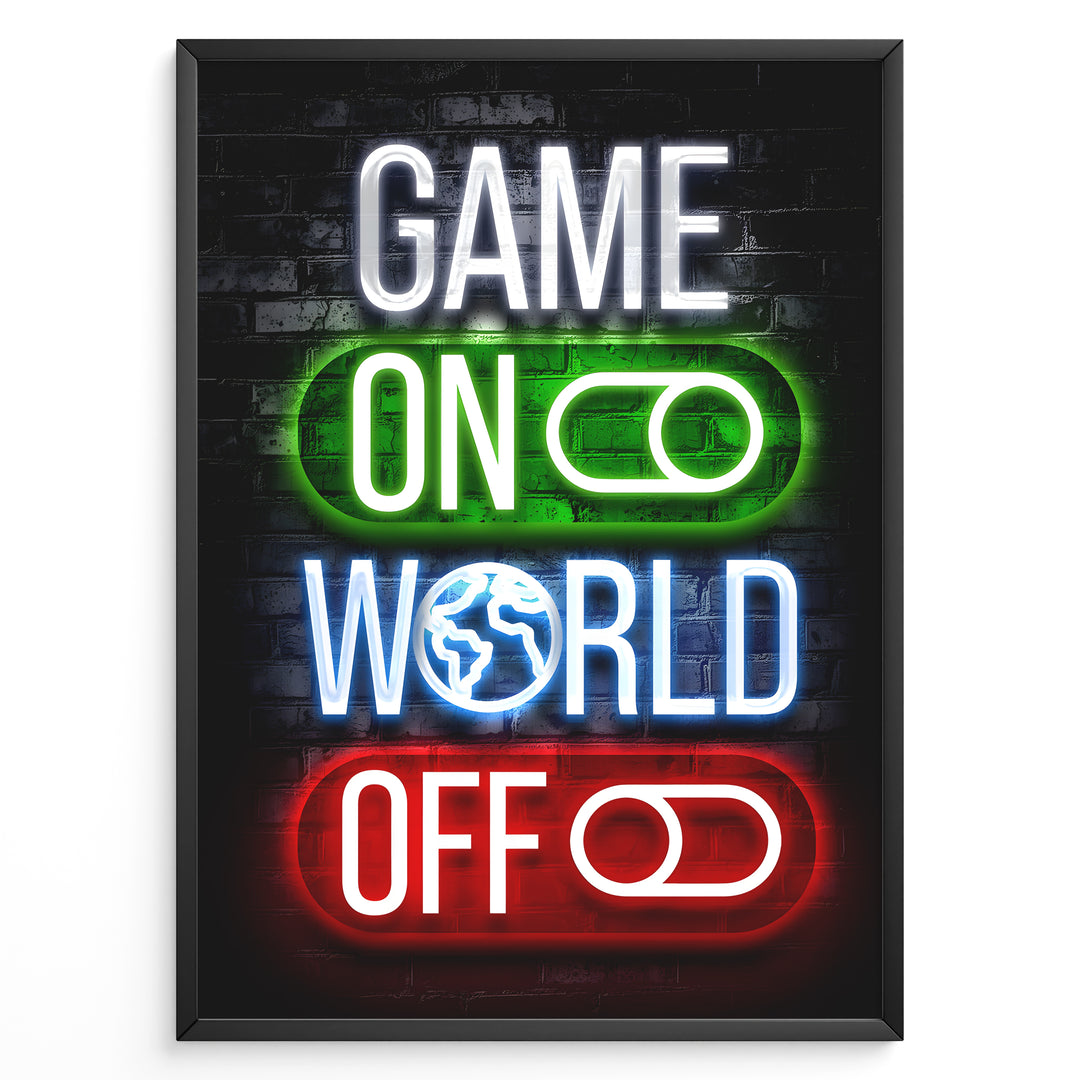 Game On World Off gaming plakat | Neon tekst og symboler i grøn, blå og rød – cool gamerplakat fra Plakaty.dk til seriøse gaming sessions