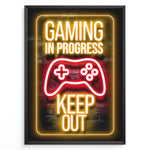 Load image into Gallery viewer, Gaming in Progress gaming plakat | Neon gul og rød plakat med controller og advarselsbudskab – gaming plakater fra Plakaty.dk
