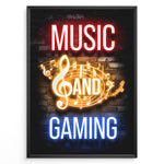 Load image into Gallery viewer, Music and Gaming gaming plakat | Neonmotiv med noder, musik og spil i farverig stil – fed gaming plakat fra Plakaty.dk
