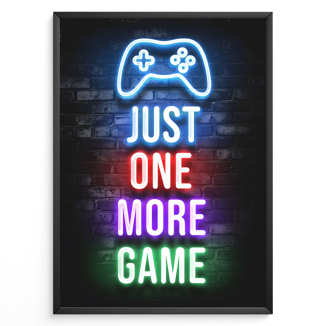 Just One More Game gaming plakat | Neon controller og tekst i flere farver mens du spiller Roblox