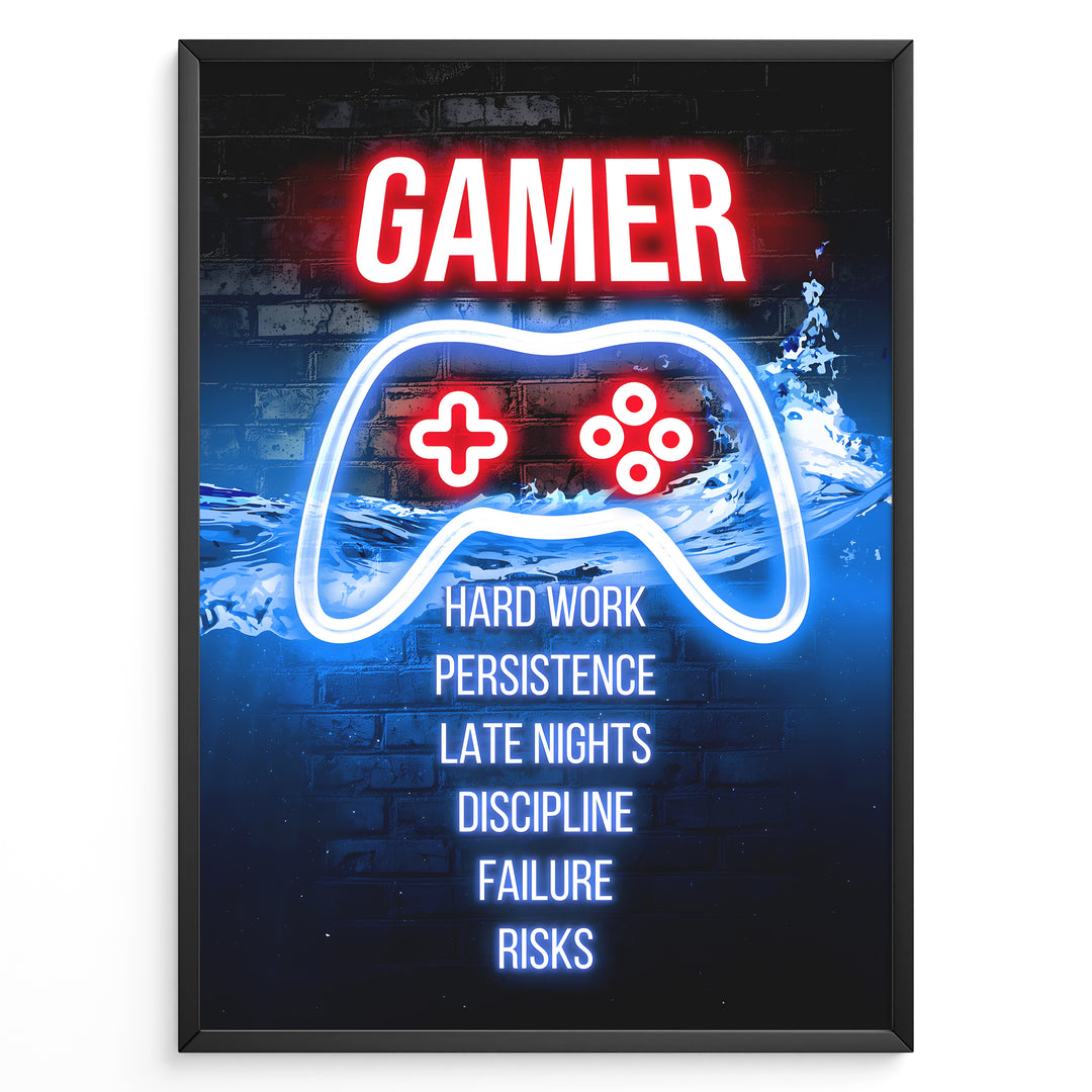 Gamer Hard Work gaming plakat | Neoncontroller og stærke ord som hard work og discipline – en motiverende gaming plakat fra Plakaty.dk