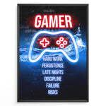 Load image into Gallery viewer, Gamer Hard Work gaming plakat | Neoncontroller og stærke ord som hard work og discipline – en motiverende gaming plakat fra Plakaty.dk
