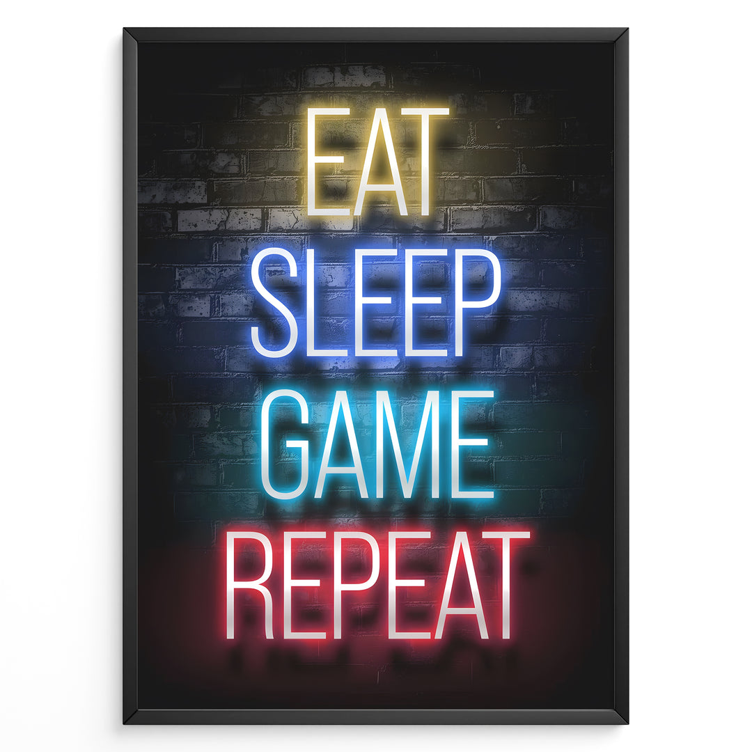 Eat Sleep Game Repeat gaming plakat | Neon tekst i gult blå cyan og rød mens du spiller Call of Duty