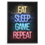 Load image into Gallery viewer, Eat Sleep Game Repeat gaming plakat | Neon tekst i gult blå cyan og rød mens du spiller Call of Duty
