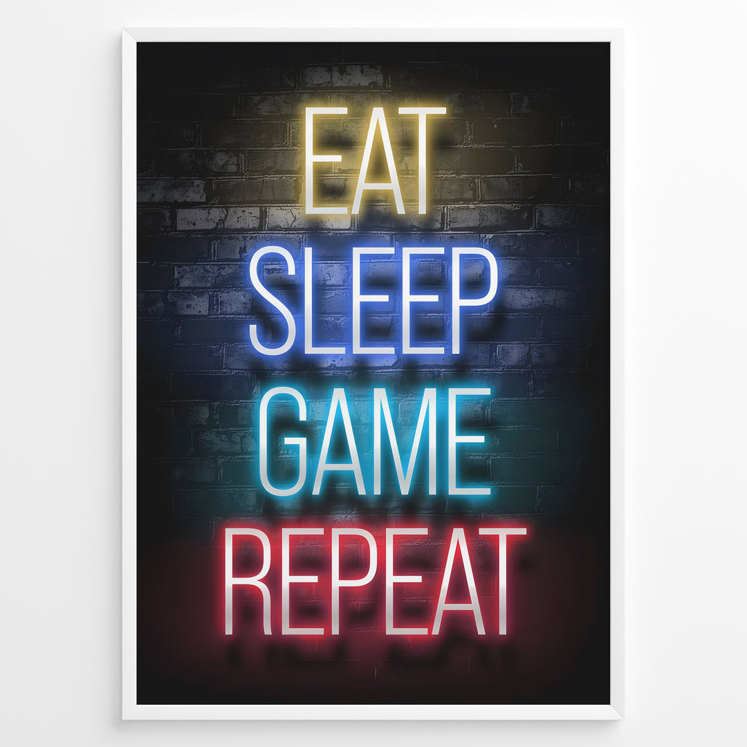 Eat Sleep Game Repeat gaming plakat | Neon tekst i gult blå cyan og rød mens du spiller Call of Duty