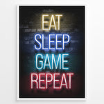 Load image into Gallery viewer, Eat Sleep Game Repeat gaming plakat | Neon tekst i gult blå cyan og rød mens du spiller Call of Duty
