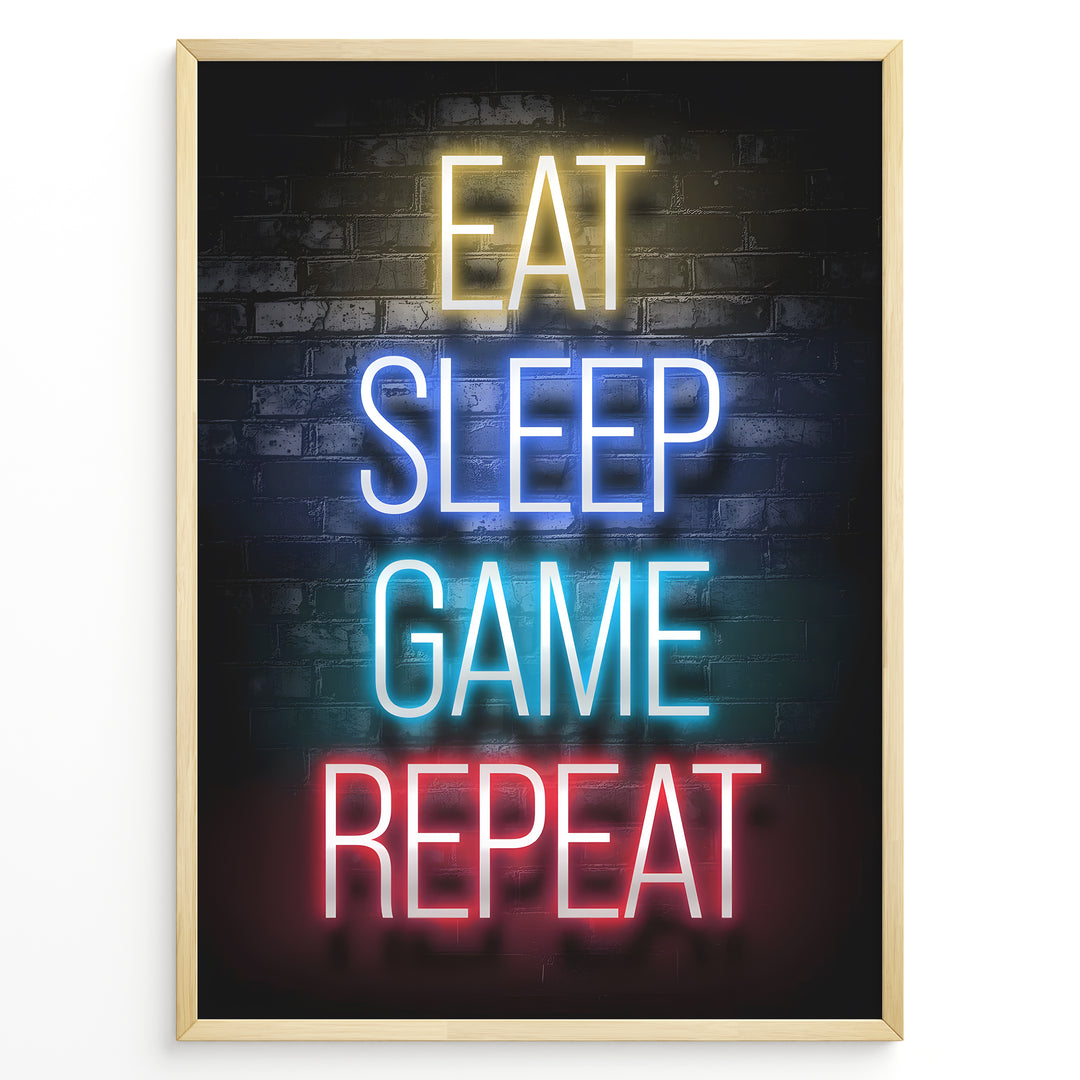 Eat Sleep Game Repeat gaming plakat | Neon tekst i gult blå cyan og rød mens du spiller Call of Duty