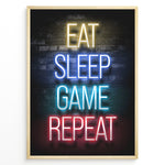 Load image into Gallery viewer, Eat Sleep Game Repeat gaming plakat | Neon tekst i gult blå cyan og rød mens du spiller Call of Duty
