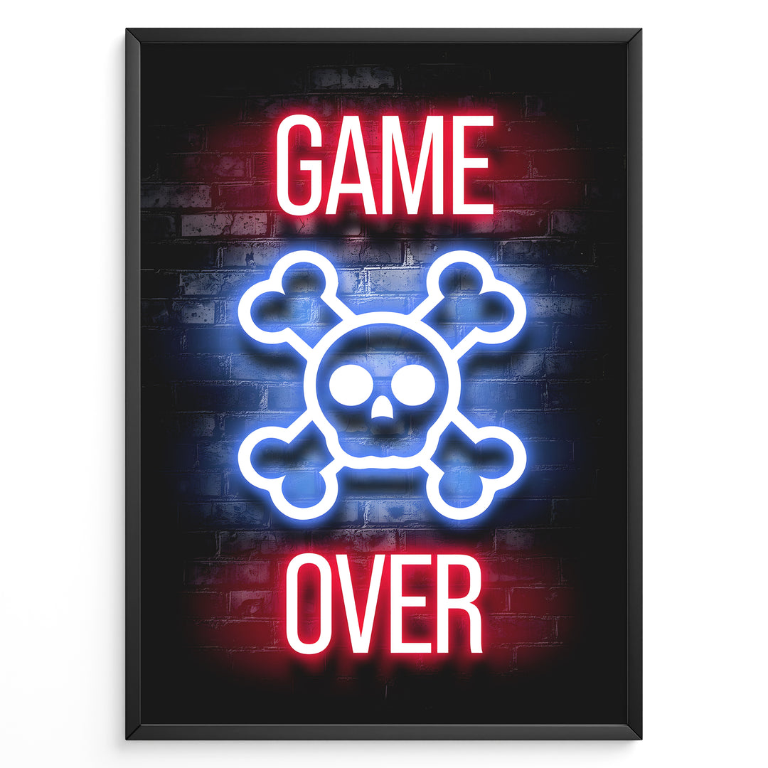 Game Over gaming plakat | Neon kranie med rød og blå tekst mens du spiller GTA 5