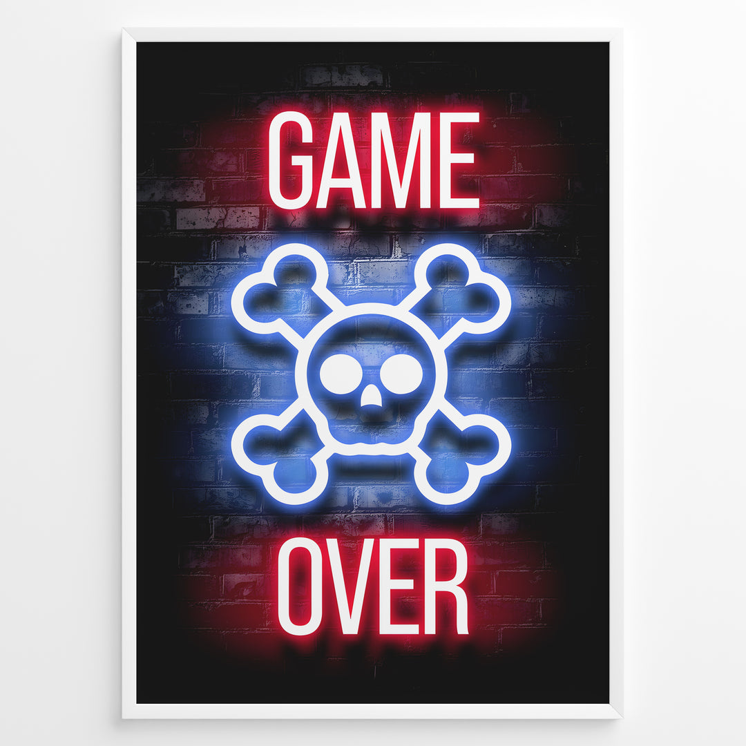 Game Over gaming plakat | Neon kranie med rød og blå tekst mens du spiller GTA 5