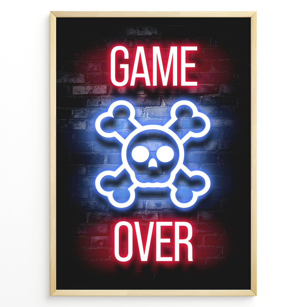 Game Over gaming plakat | Neon kranie med rød og blå tekst mens du spiller GTA 5