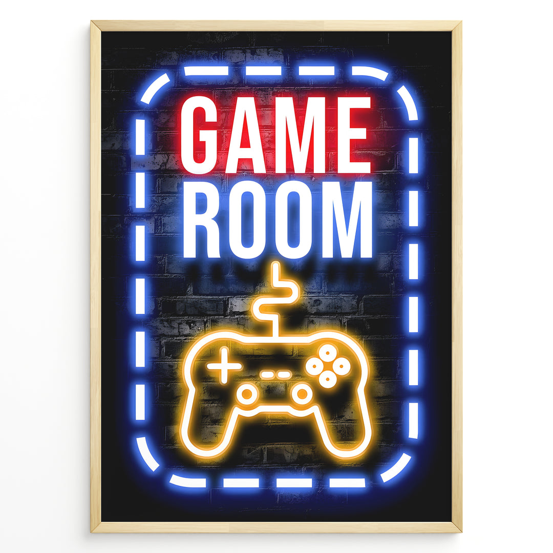 Game Room gaming plakat | Neon design med gul controller mens du spiller League of Legends