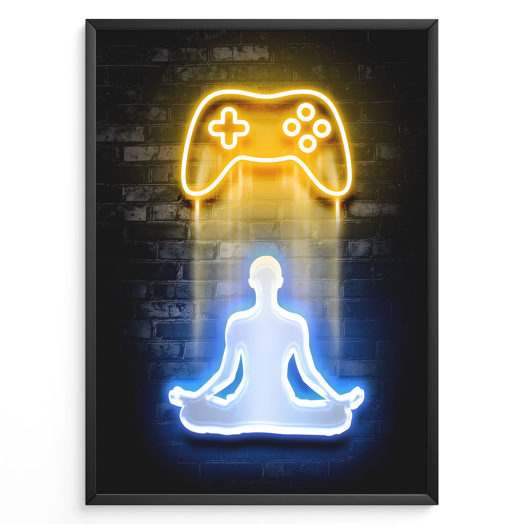 Gaming Zen gaming plakat | Neon controller og meditativ figur mens du spiller Elden Ring