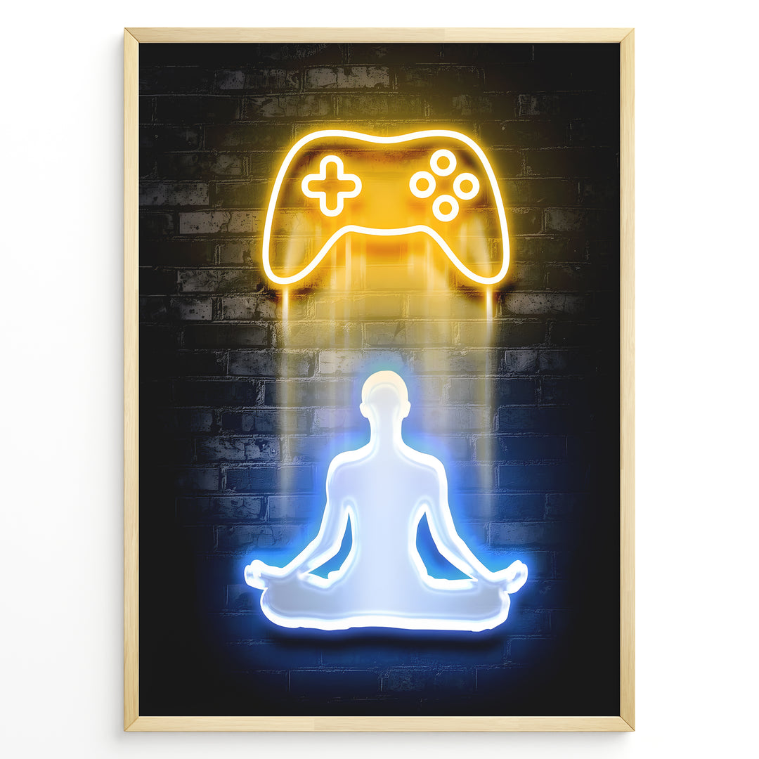 Gaming Zen gaming plakat | Neon controller og meditativ figur mens du spiller Elden Ring