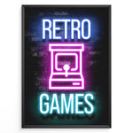 Load image into Gallery viewer, Retro Games gaming plakat | Neon arkademaskine i pink og blå mens du spiller Pac Man
