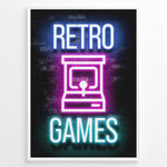 Load image into Gallery viewer, Retro Games gaming plakat | Neon arkademaskine i pink og blå mens du spiller Pac Man
