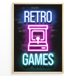 Load image into Gallery viewer, Retro Games gaming plakat | Neon arkademaskine i pink og blå mens du spiller Pac Man
