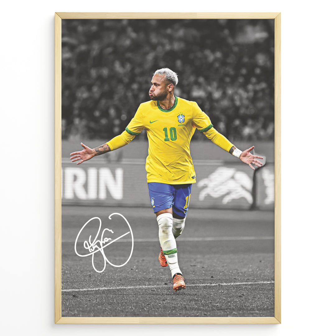 Framed plakat of Neymar Jr. celebrating in Brazil national team jersey with a black and white background and visible autograph