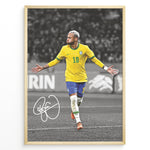 Load image into Gallery viewer, Framed plakat of Neymar Jr. celebrating in Brazil national team jersey with a black and white background and visible autograph
