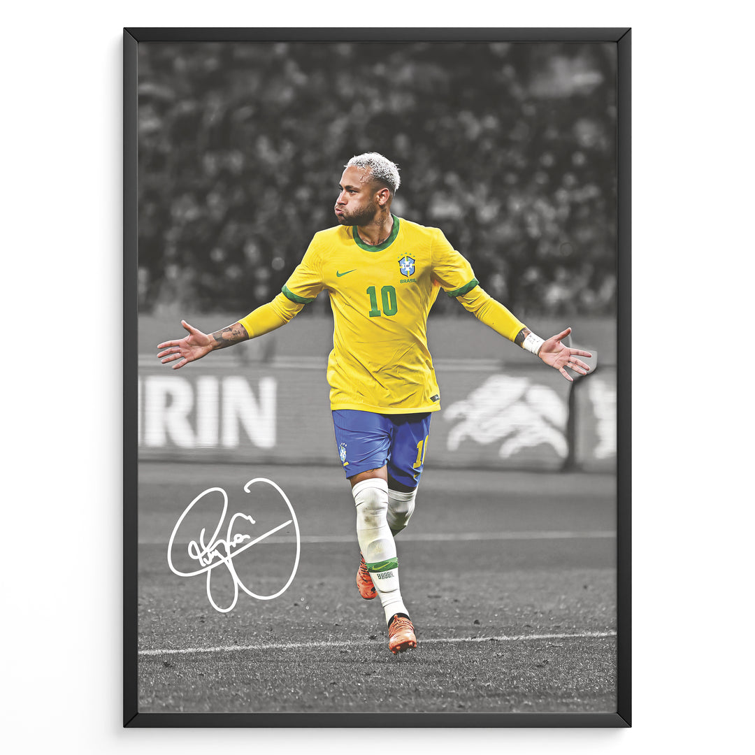 Framed plakat of Neymar Jr. celebrating in Brazil national team jersey with a black and white background and visible autograph
