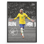 Load image into Gallery viewer, Framed plakat of Neymar Jr. celebrating in Brazil national team jersey with a black and white background and visible autograph
