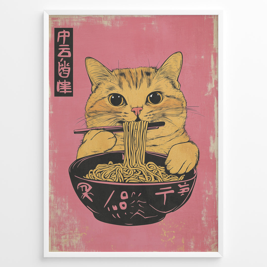 Japanske plakater | Illustration of a cute orange tabby cat eating ramen with chopsticks against a pink background in a Japanese pop art style.