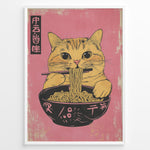Load image into Gallery viewer, Japanske plakater | Illustration of a cute orange tabby cat eating ramen with chopsticks against a pink background in a Japanese pop art style.
