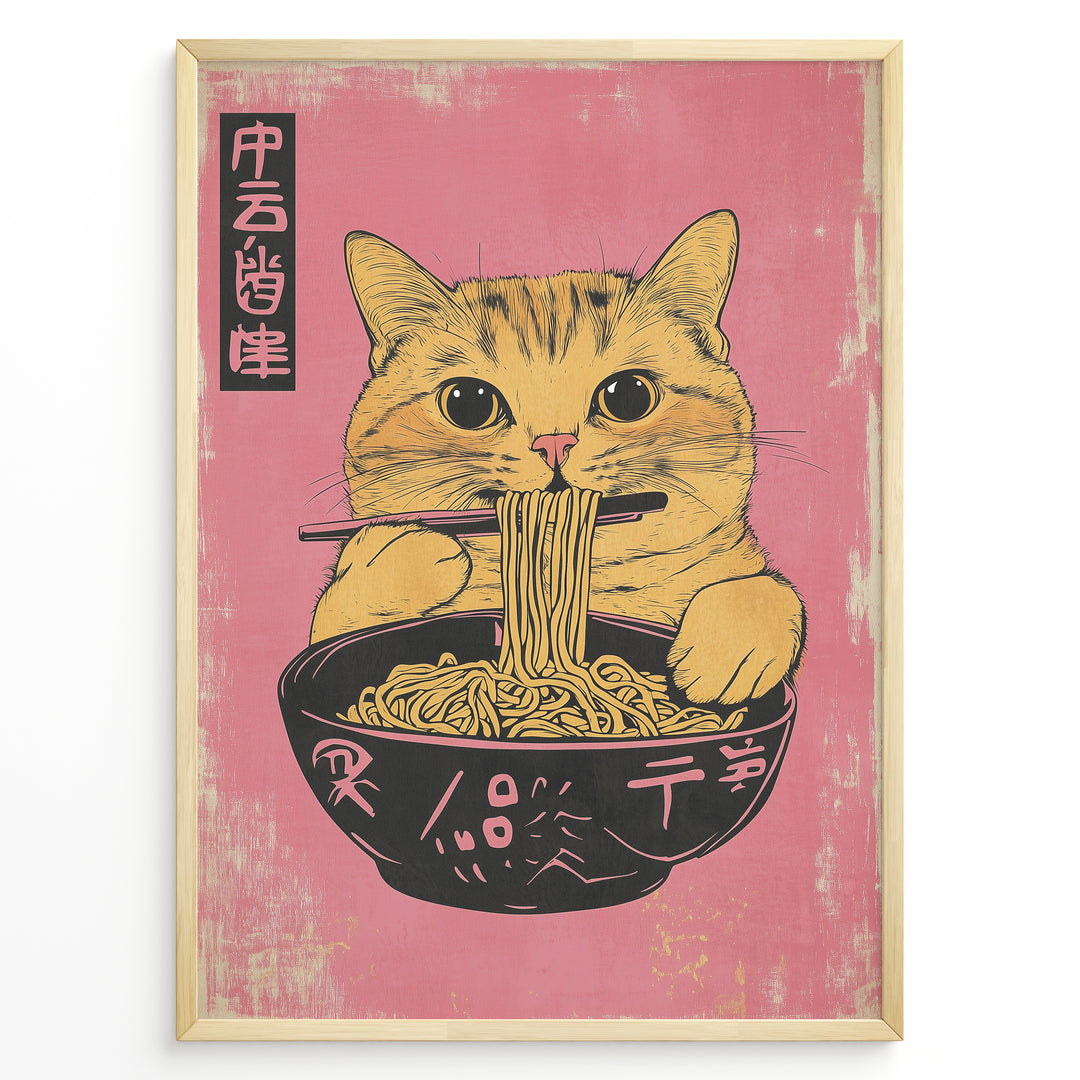 Japanske plakater | Illustration of a cute orange tabby cat eating ramen with chopsticks against a pink background in a Japanese pop art style.