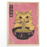 Load image into Gallery viewer, Japanske plakater | Illustration of a cute orange tabby cat eating ramen with chopsticks against a pink background in a Japanese pop art style.
