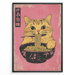 Load image into Gallery viewer, Japanske plakater | Illustration of a cute orange tabby cat eating ramen with chopsticks against a pink background in a Japanese pop art style.

