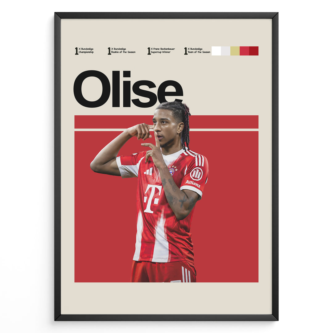 Michael Olise fodbold plakat i Bayern Münchens røde hjemmebanetrøje med moderne stilrent design