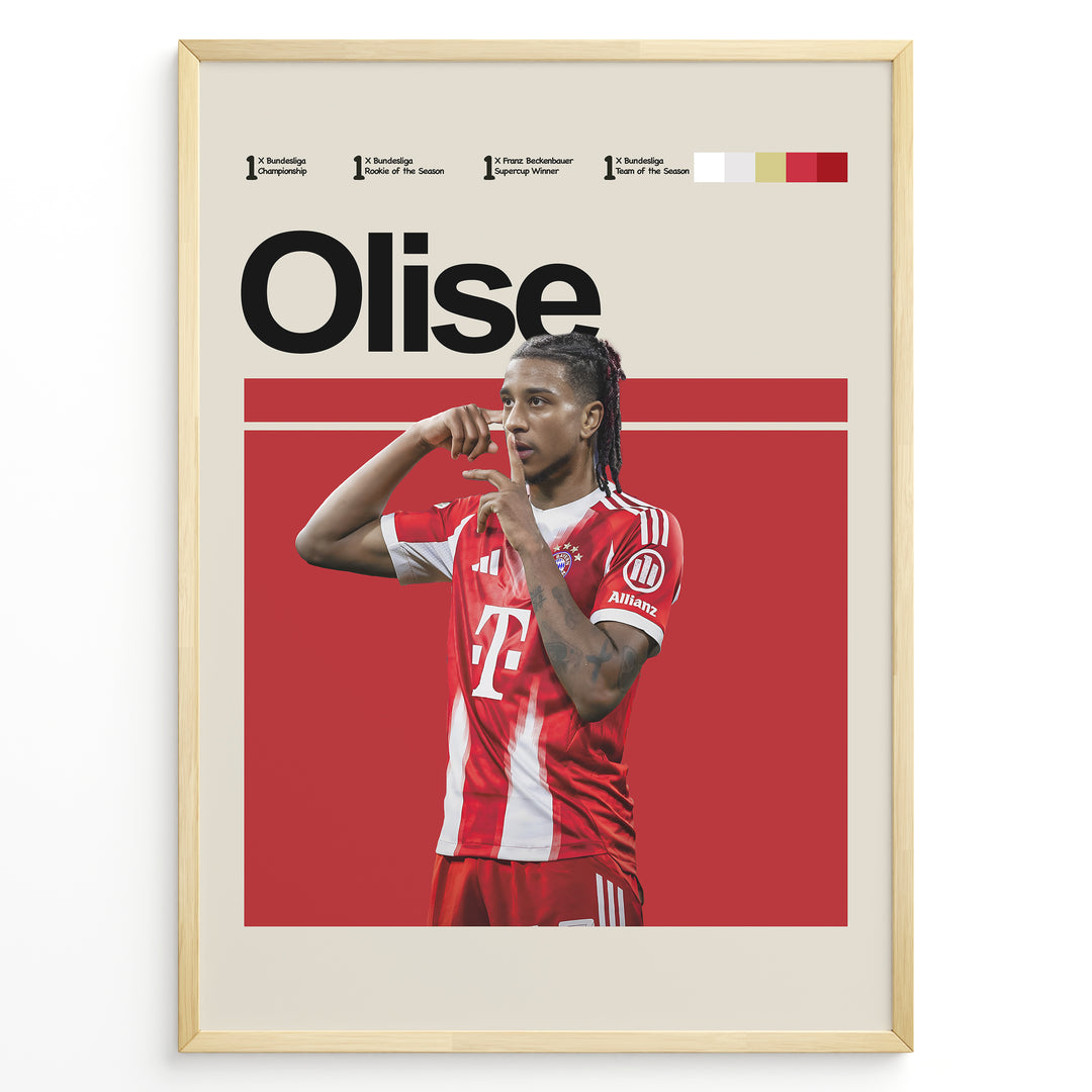 Michael Olise fodbold plakat i Bayern Münchens røde hjemmebanetrøje med moderne stilrent design