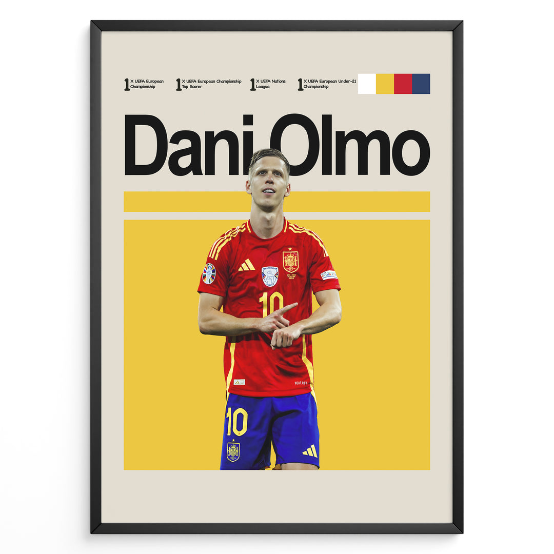 Dani Olmo fodbold plakat | Spanien landsholdstrøje i rød og blå med karakteristisk jubel – ideel til fans af herrefodbold og La Roja