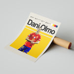 Load image into Gallery viewer, Dani Olmo fodbold plakat | Spanien landsholdstrøje i rød og blå med karakteristisk jubel – ideel til fans af herrefodbold og La Roja
