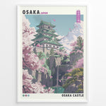 Load image into Gallery viewer, Japanske plakater | Colorful illustration of Osaka Castle in Japan, surrounded by cherry blossom trees, rocky cliffs, and a waterfall with distant mountains under a blue sky.
