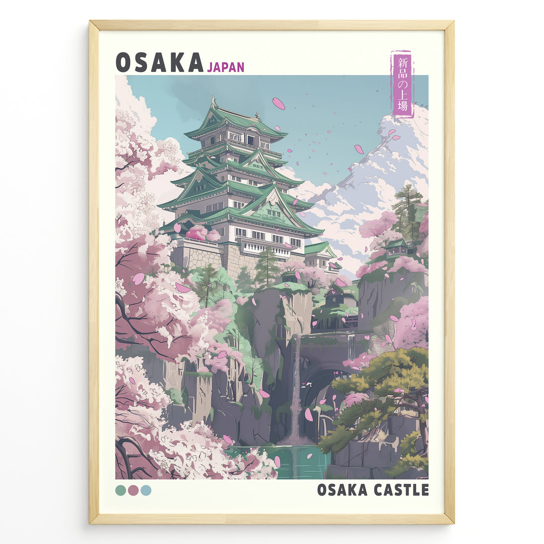 Japanske plakater | Colorful illustration of Osaka Castle in Japan, surrounded by cherry blossom trees, rocky cliffs, and a waterfall with distant mountains under a blue sky.