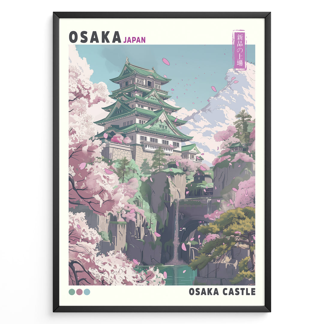 Japanske plakater | Colorful illustration of Osaka Castle in Japan, surrounded by cherry blossom trees, rocky cliffs, and a waterfall with distant mountains under a blue sky.