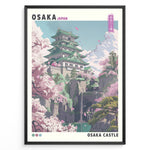 Load image into Gallery viewer, Japanske plakater | Colorful illustration of Osaka Castle in Japan, surrounded by cherry blossom trees, rocky cliffs, and a waterfall with distant mountains under a blue sky.

