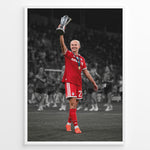 Load image into Gallery viewer, Pernille Harder wearing a Bayern Munich jersey and holding a trophy on a stylish black and white football poster.
