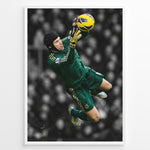 Load image into Gallery viewer, Petr Čech wearing a Chelsea goalkeeper kit and diving to save the football. The poster features a black and white stadium background with highlighted green and yellow colors.
