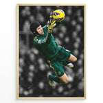 Load image into Gallery viewer, Petr Čech im Torwarttrikot des Chelsea FC bei einer spektakulären Parade. Der schwarz-weiße Stadionhintergrund hebt die grünen und gelben Farben des Motivs hervor.
