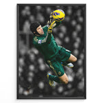 Load image into Gallery viewer, Petr Čech i Chelsea-målmandstrøje, hvor han kaster sig efter bolden. Motivet har en sort-hvid stadionbaggrund med fremhævede grønne og gule farver.
