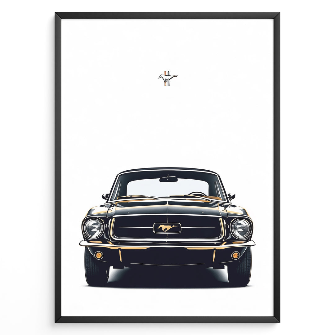 Ford Mustang 1964 plakat | Klassisk sort Mustang forfra med ikonisk logo | Vintage bilplakat til stuen eller garagen | Retro bilkunst fra Plakaty.dk