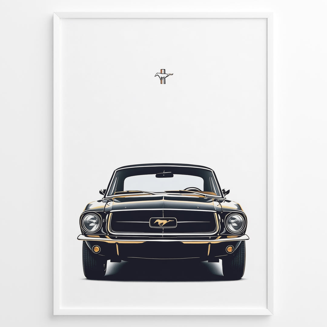 Ford Mustang 1964 plakat | Klassisk sort Mustang forfra med ikonisk logo | Vintage bilplakat til stuen eller garagen | Retro bilkunst fra Plakaty.dk