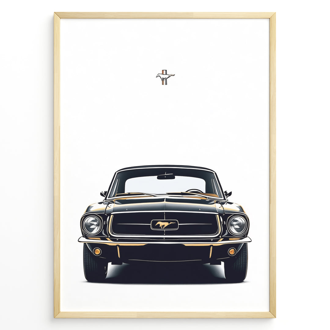 Ford Mustang 1964 plakat | Klassisk sort Mustang forfra med ikonisk logo | Vintage bilplakat til stuen eller garagen | Retro bilkunst fra Plakaty.dk